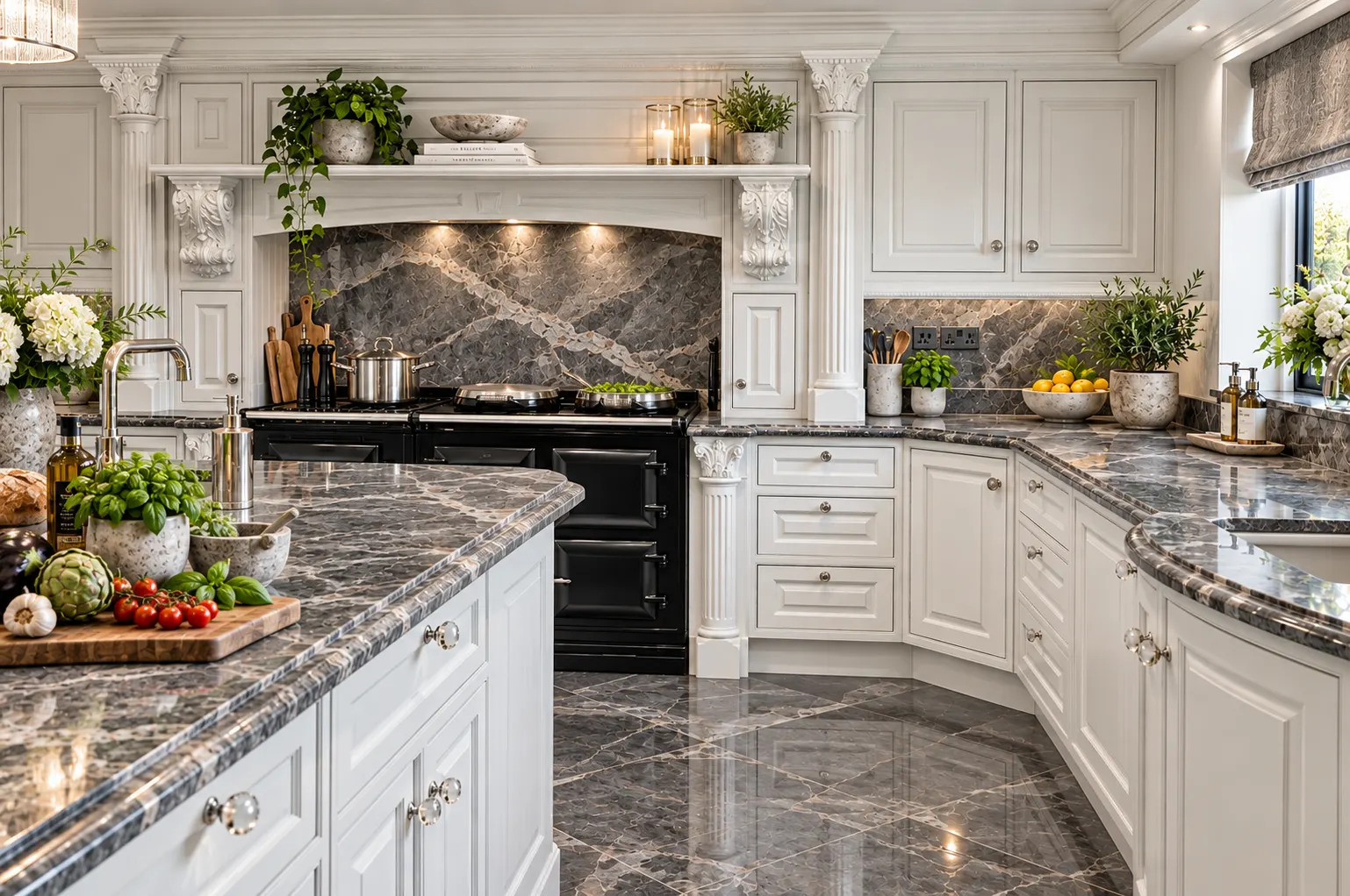 Grey marble bespoke kitchen with painted ivory cabinetry and a black range cooker